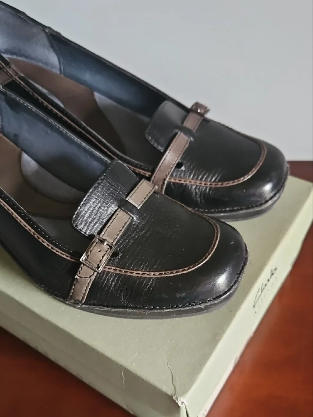 Clarks Black and Grey Leather Wedge Loafers with Buckle Detail